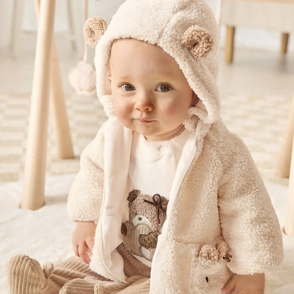 Baby Girls Ivory Teddy Fleece Bear Coat