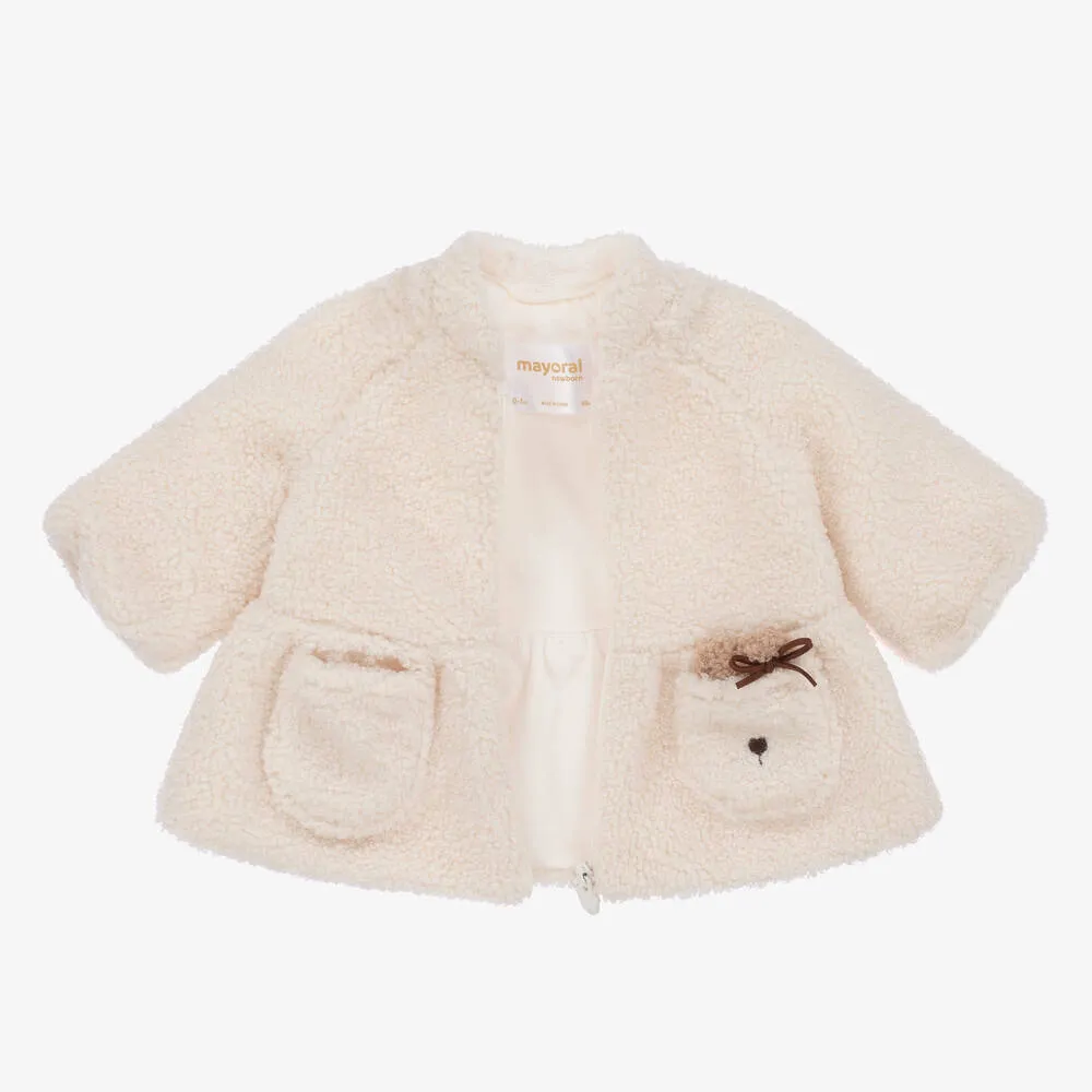 Baby Girls Ivory Teddy Fleece Bear Coat