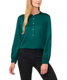 CeCe Women's Long Sleeve Henley Satin Blouse