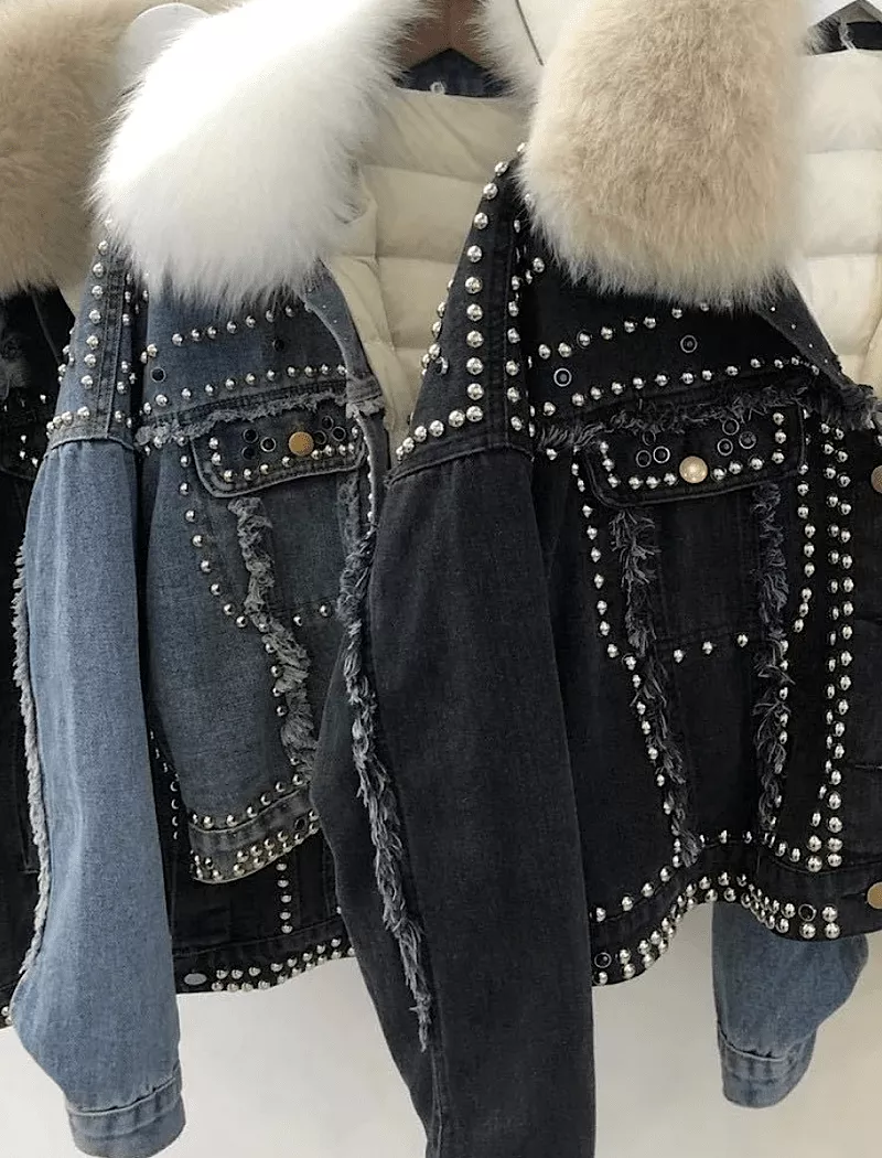 Detachable Fur Trimmed Blue Denim Jacket With Studs