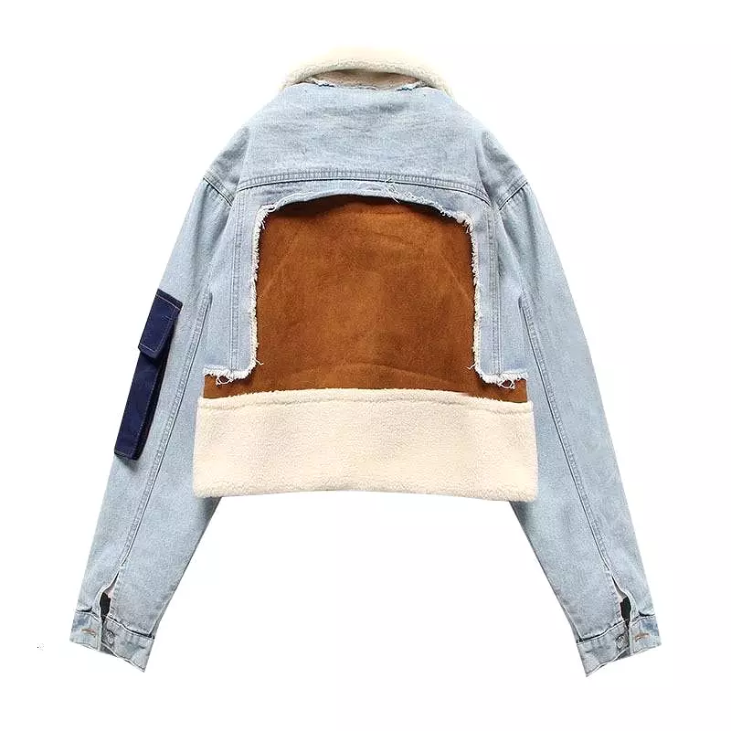 Faux Fur Collar Denim Jacket With Patches