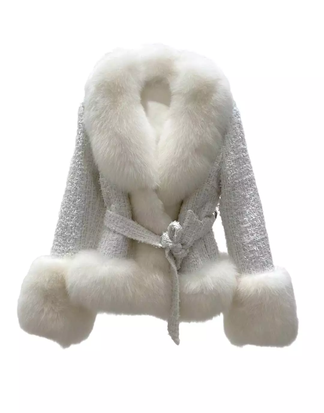 Fox Fur Trim Belted Wool Jacket