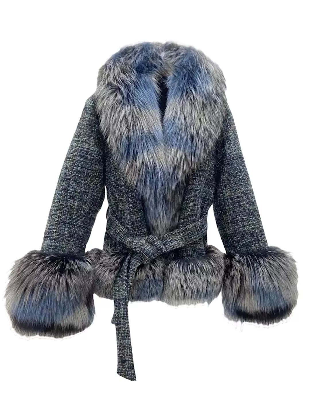 Fox Fur Trim Belted Wool Jacket