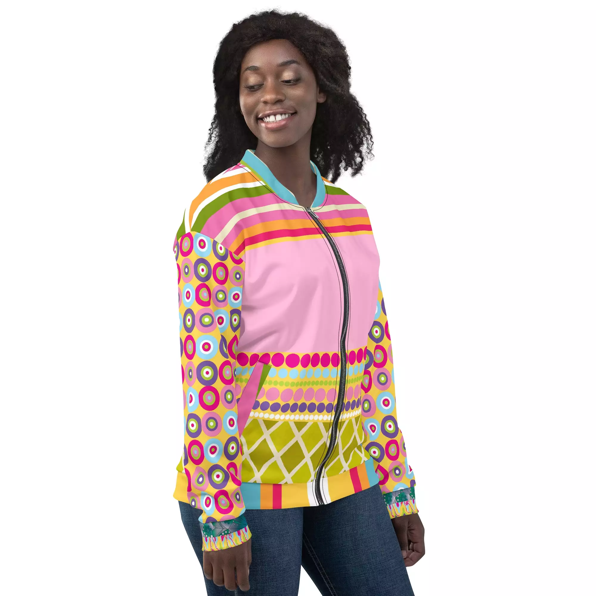 Hello Janis! Pink Patchwork Unisex Bomber Jacket