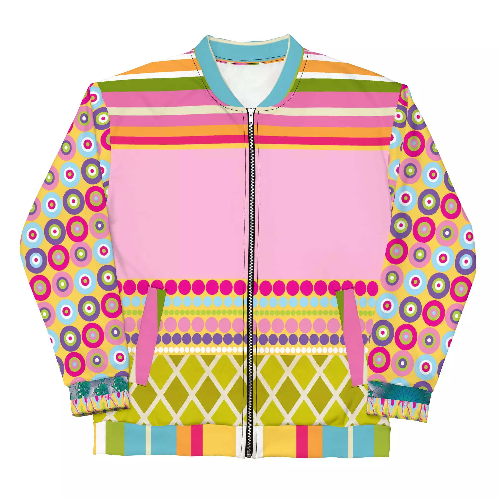 Hello Janis! Pink Patchwork Unisex Bomber Jacket