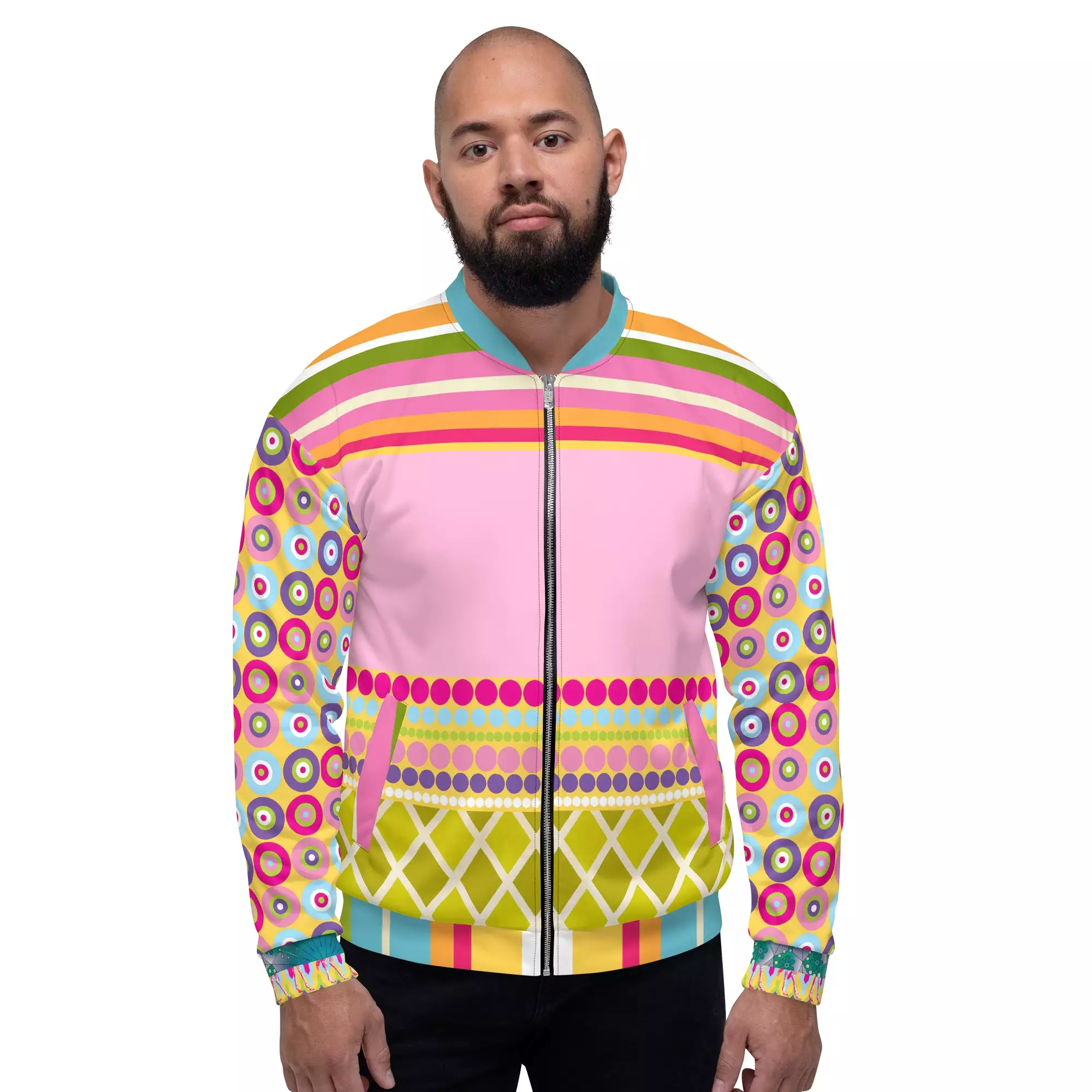 Hello Janis! Pink Patchwork Unisex Bomber Jacket