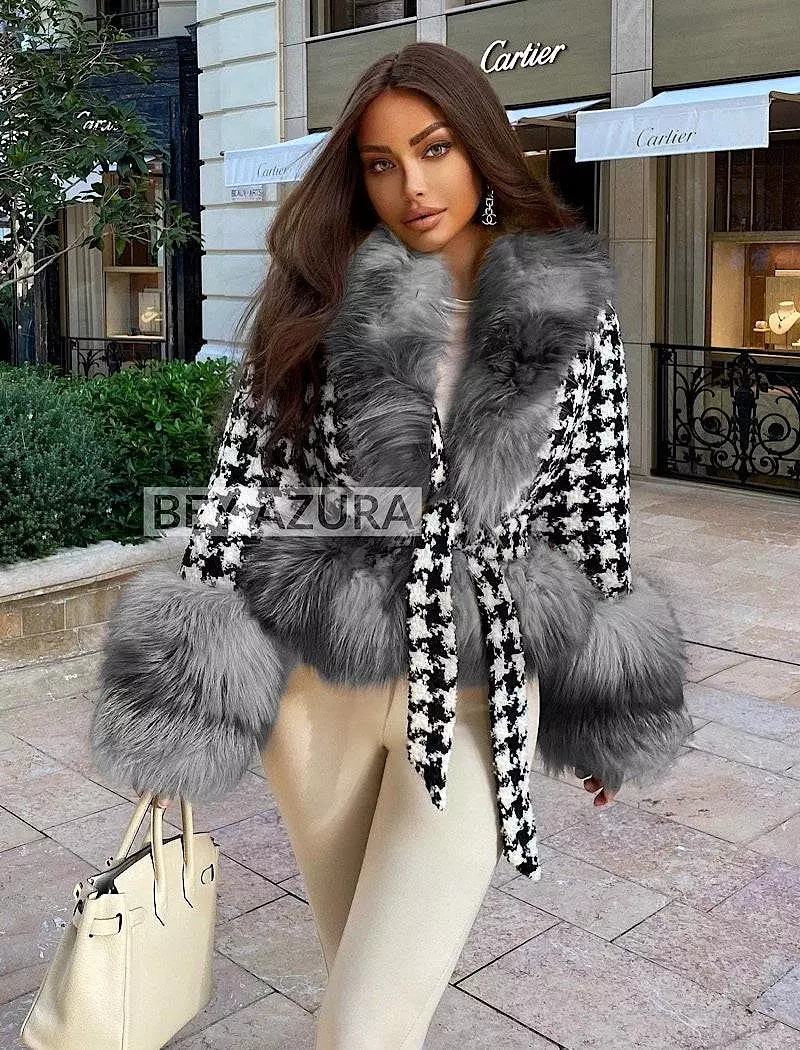 Houndstooth Black Fox Fur Trim Belted Wool Jacket