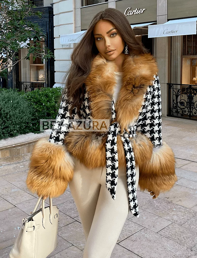 Houndstooth Brown Fox Fur Trim Belted Wool Jacket