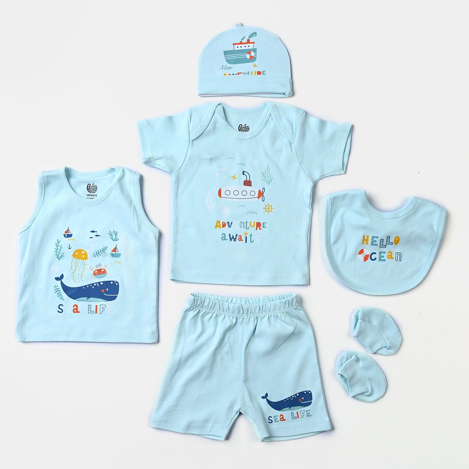 Infant Boys Cotton Poplin 6 Piece Set (T-Shirt/Sando/Short/Cap/Bib/Socks)-mIX