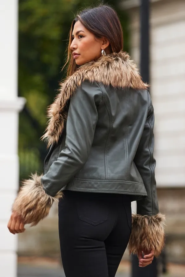 Khaki Green Leather Biker Jacket With Faux Fur Trim