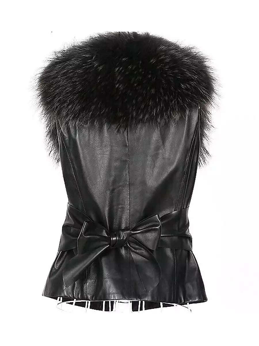 Luxurious Faux Leather Jacket Vest with Faux Fur Collar