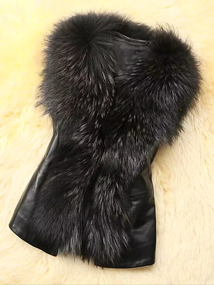 Luxurious Faux Leather Jacket Vest with Faux Fur Collar