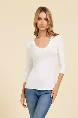 Majestic 3/4 Sleeve V-Neck Tee in Blanc