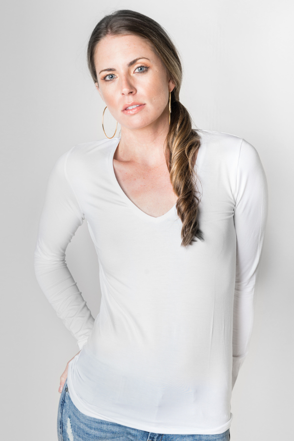 Majestic Long Sleeve Viscose V-Neck Tee in Blanc/White