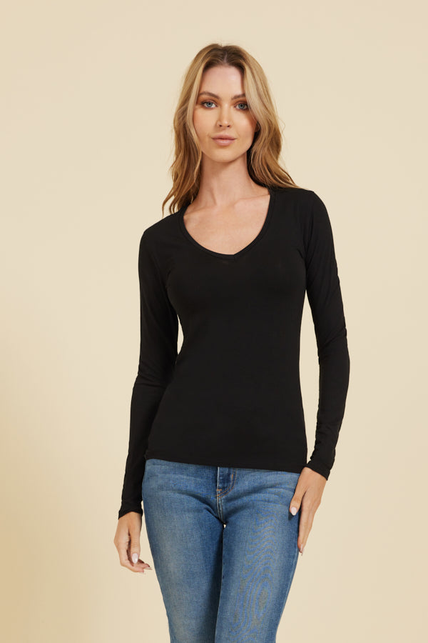 Majestic Long Sleeve Viscose V-Neck Tee in Noir