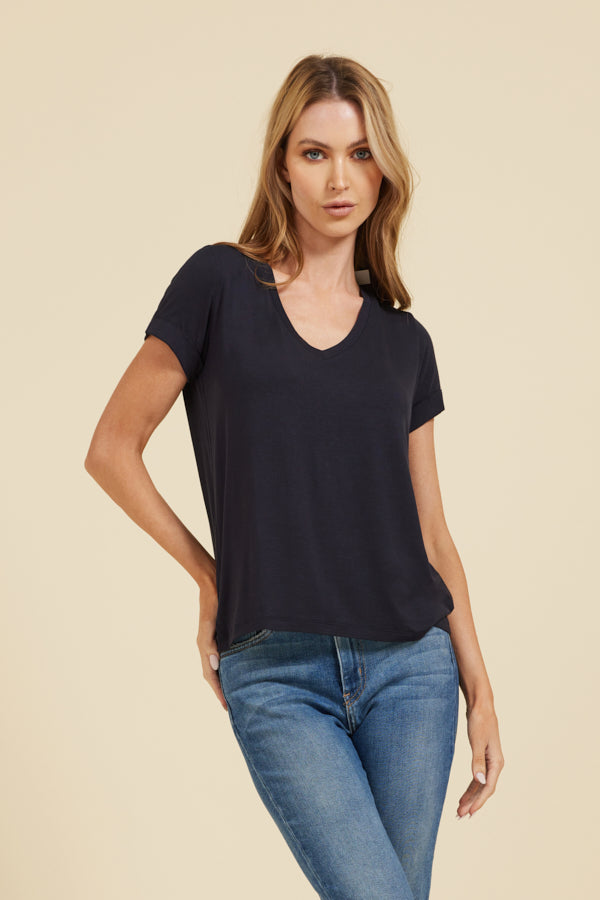 Majestic Short Sleeve V-neck Relaxed Tee in Marine