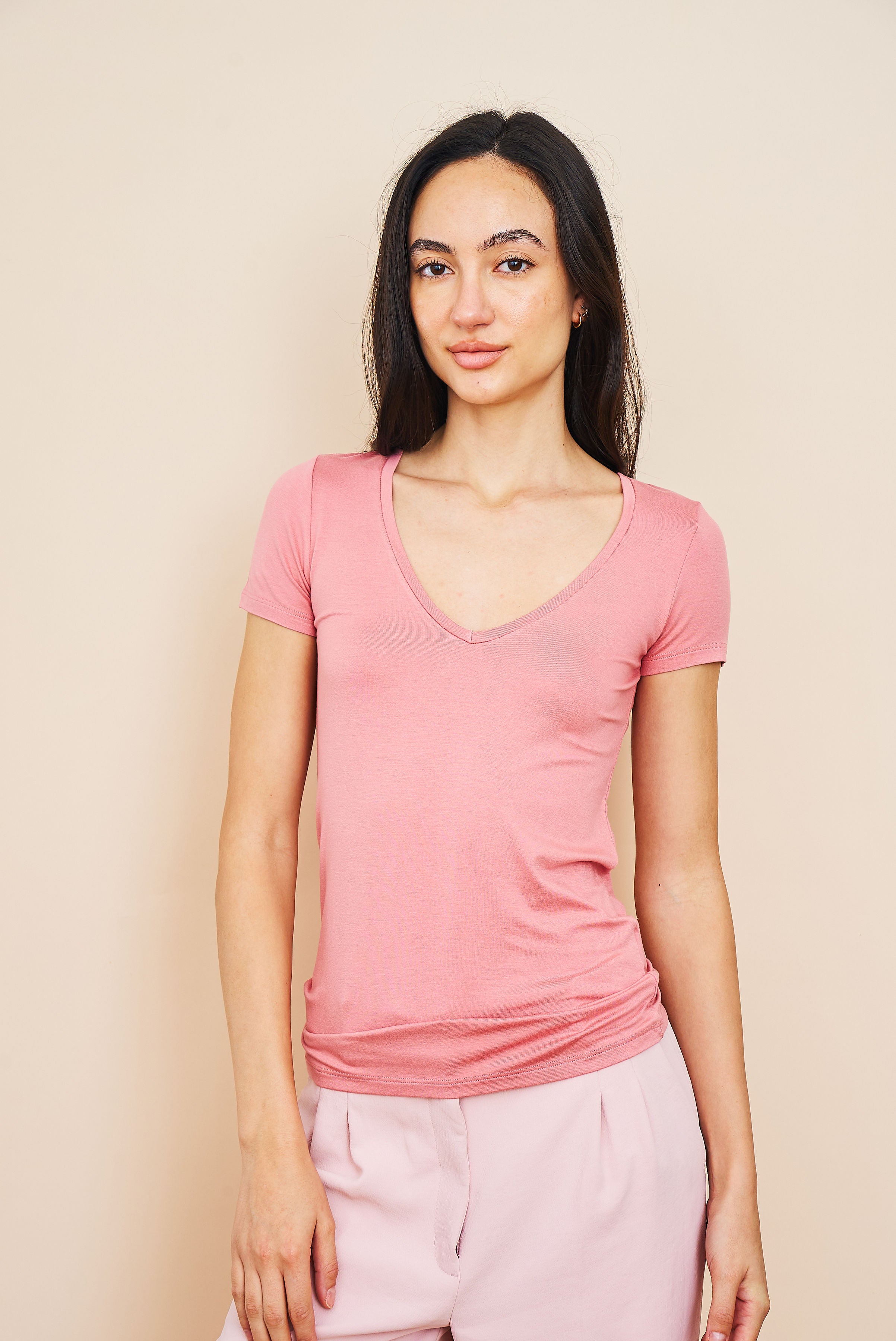 Majestic Short Sleeve V-Neck Tee in Bouton De Rose