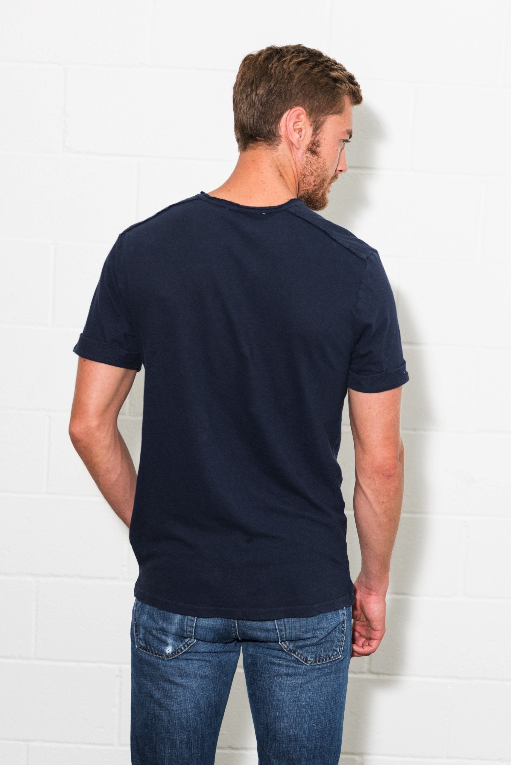 Men's Linen Blend Raw Edge Split V-Neck Tee