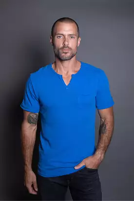 Men's Linen Blend Raw Edge Split V-Neck Tee