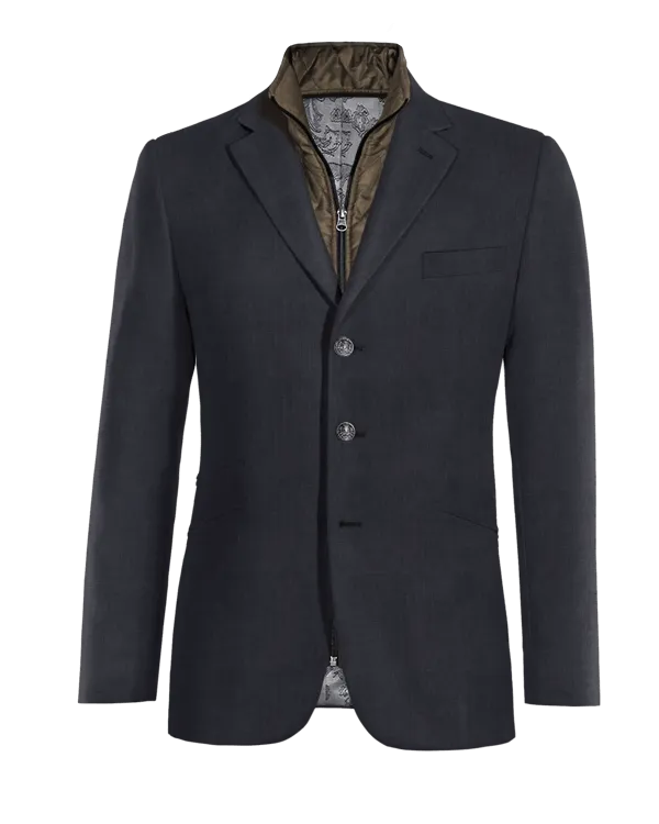 Navy blue super 100s Merino Wool premium 3 buttons Jacket with elbow patches with removable padded piece