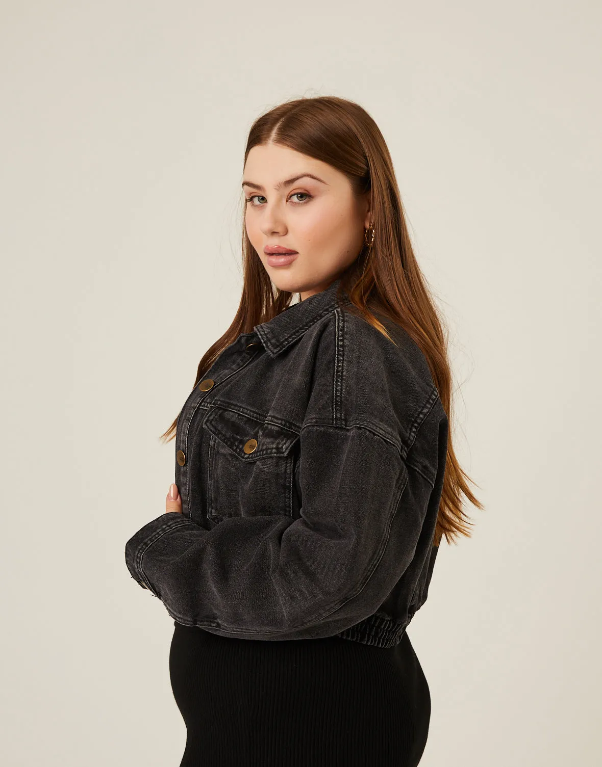 Plus Size Elasticized Denim Jacket