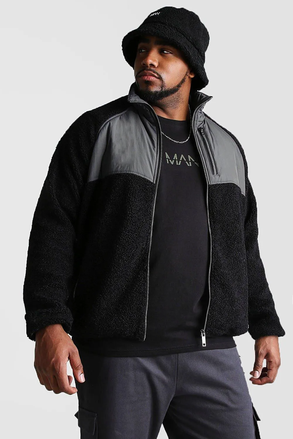 Plus Size Fabric Mix Borg Jacket | boohooMAN UK