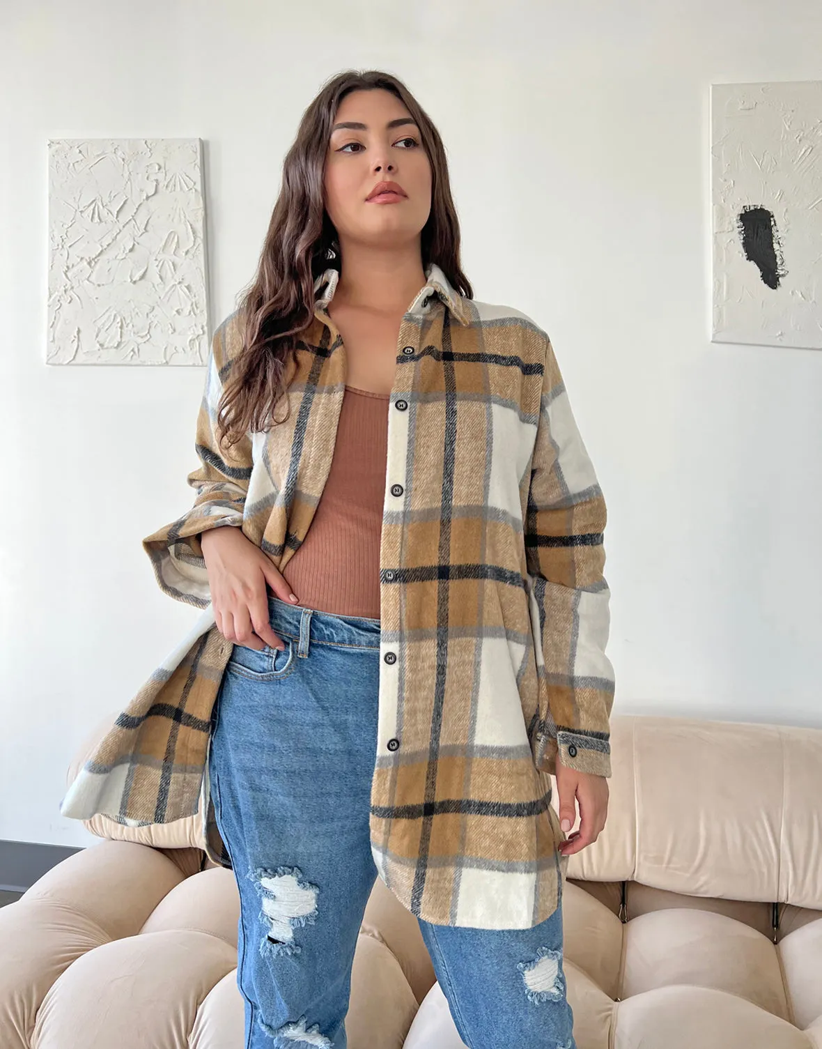 Plus Size Oversized Plaid Shirt Jacket