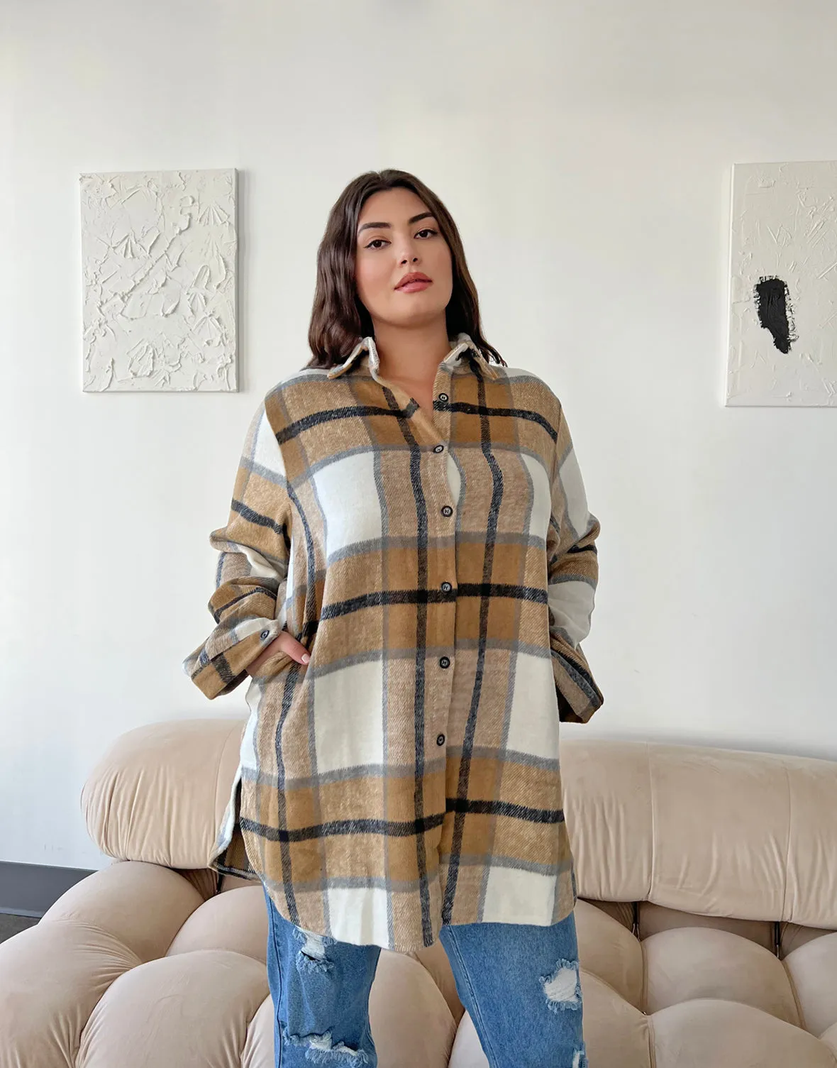 Plus Size Oversized Plaid Shirt Jacket