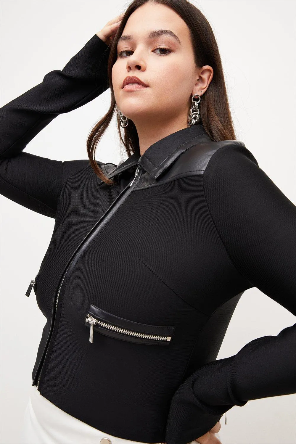 Plus size Pu Mix Bandage Knit Jacket | Karen Millen