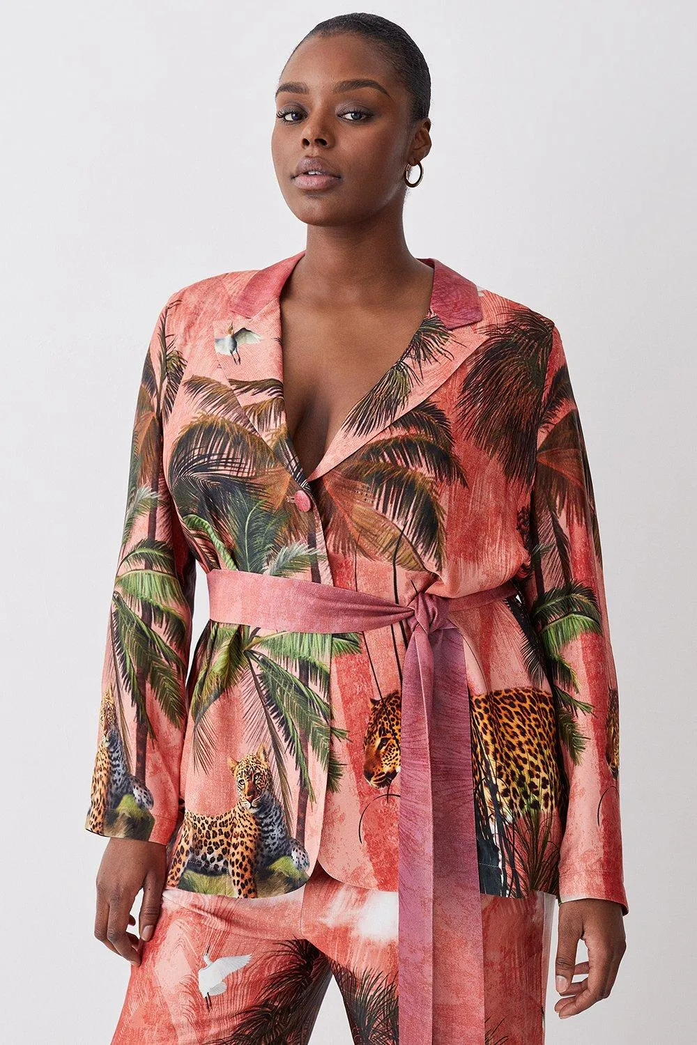 Plus Size Satin Palm Print Belted Woven Jacket | Karen Millen