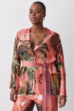 Plus Size Satin Palm Print Belted Woven Jacket | Karen Millen