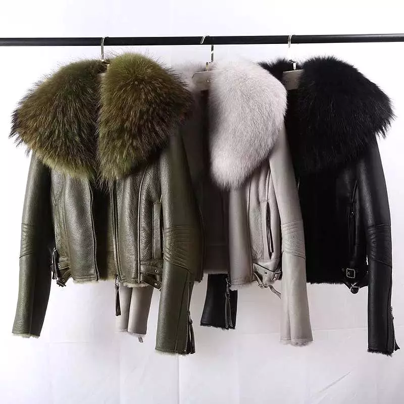 Shearling Sheepskin Fox Fur Collar Biker Jacket