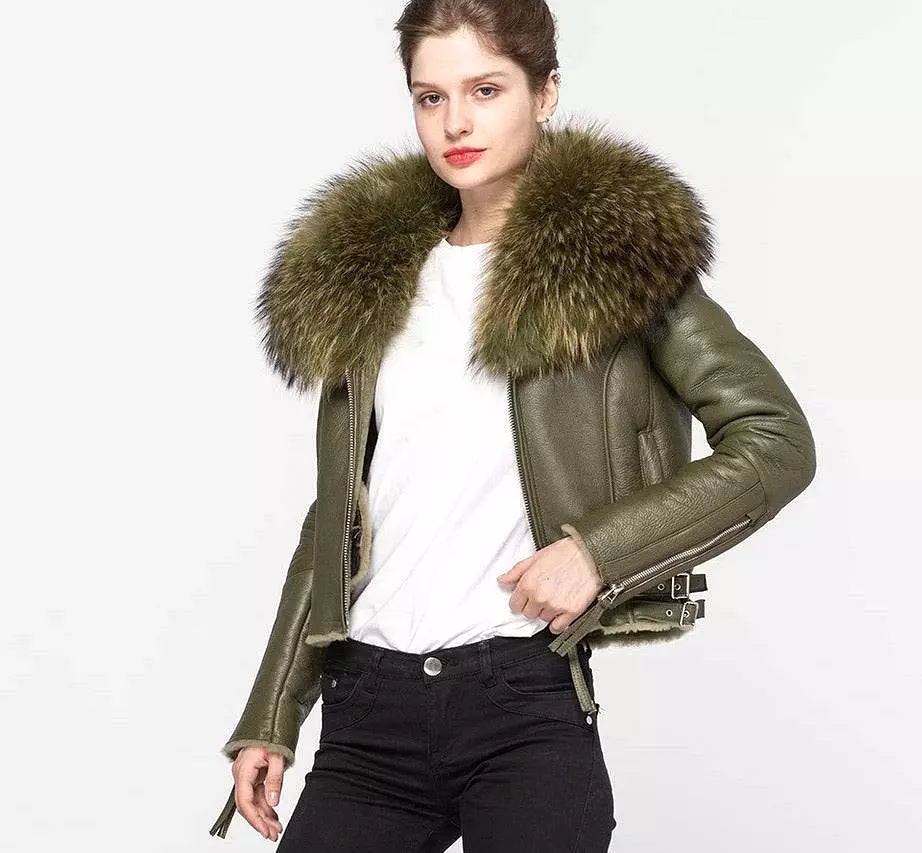 Shearling Sheepskin Fox Fur Collar Biker Jacket