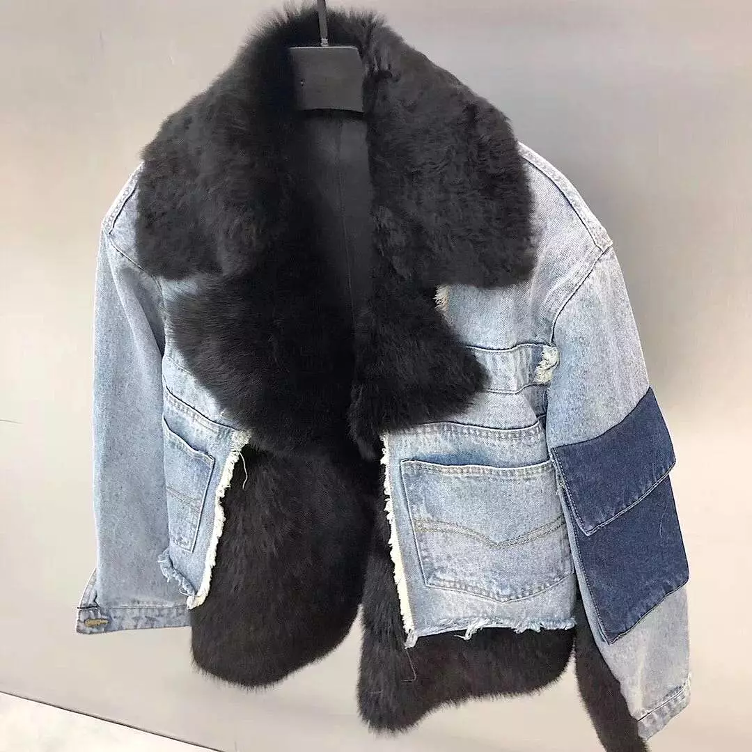 Sporty Denim Jacket With Sheepkin And Sheep Fur Trims