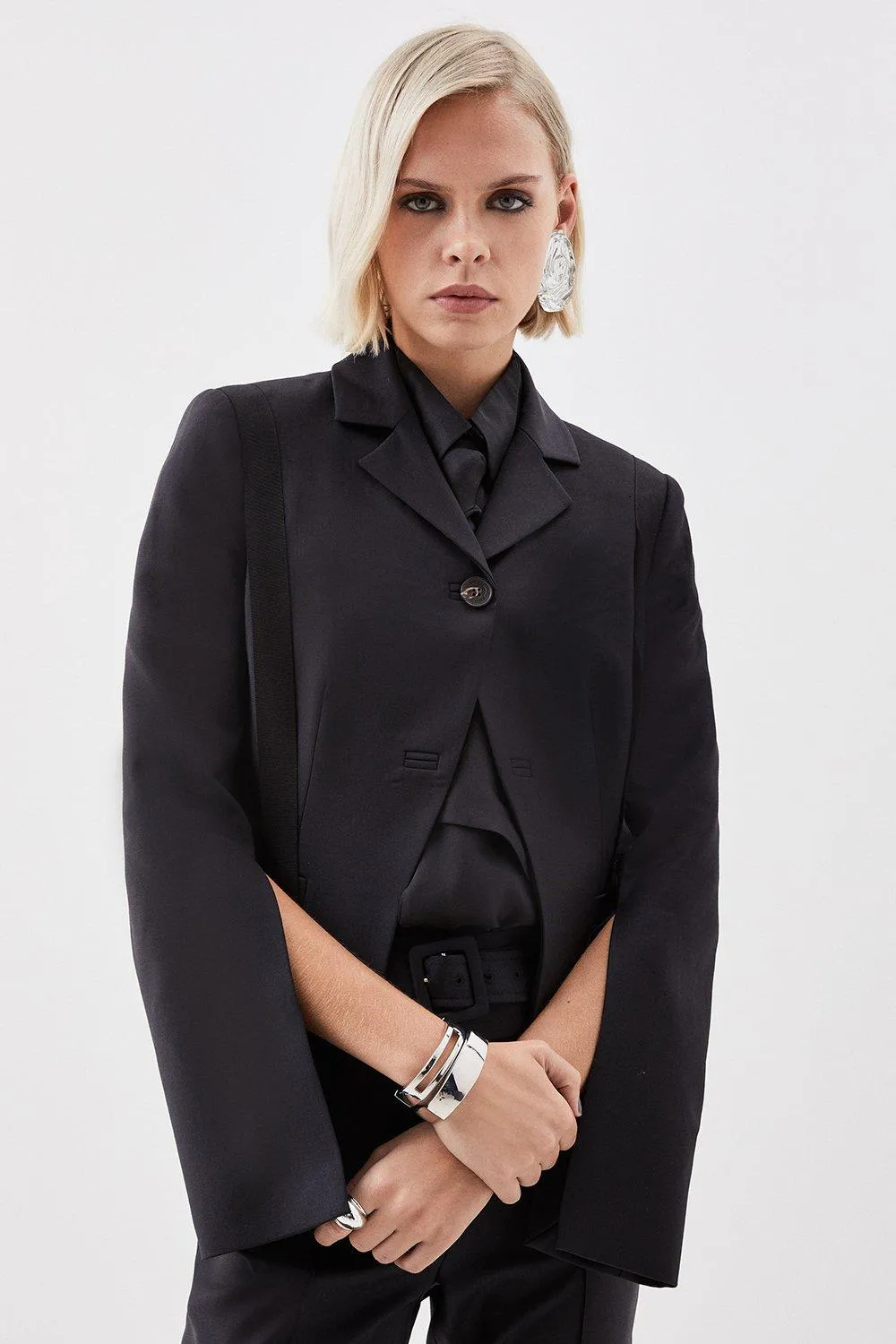 The Founder Tailored Wool Blend Tie Detail Jacket | Karen Millen