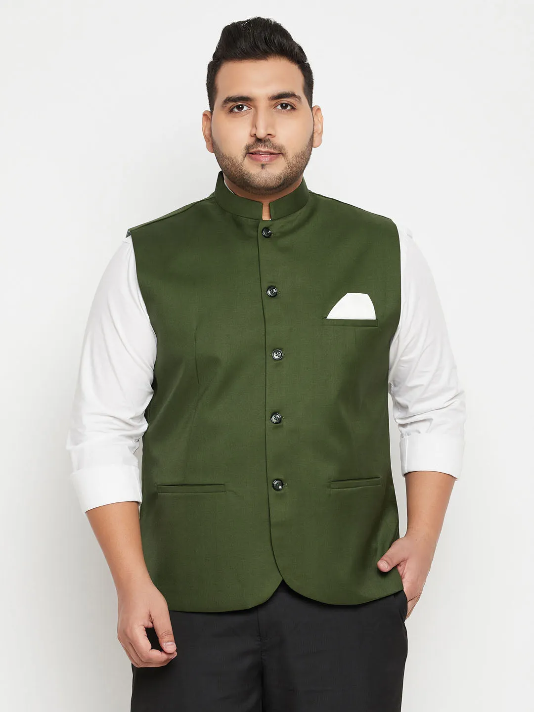 VASTRAMAY Men's Plus Size Green Cotton Blend Nehru Jacket