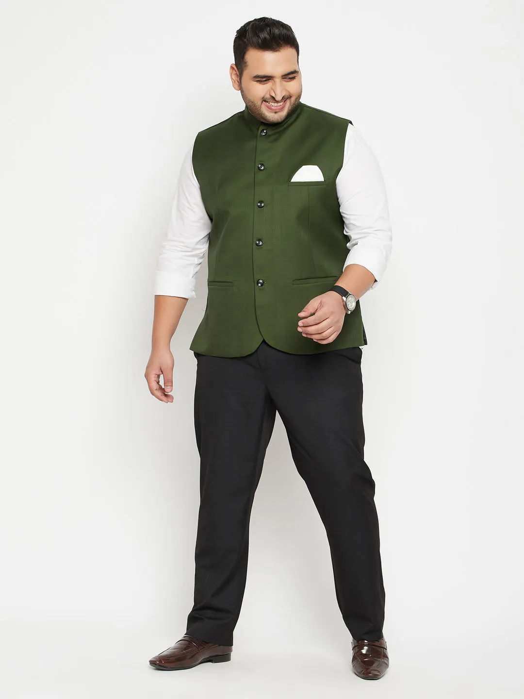 VASTRAMAY Men's Plus Size Green Cotton Blend Nehru Jacket