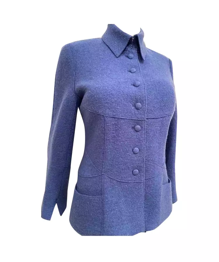 Vintage Chanel 99A, 1999 Fall Blue Boiled Wool Jacket Blazer FR 44