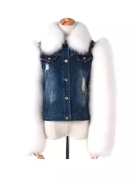 White Fox Fur Trimmed Ripped Denim Jacket