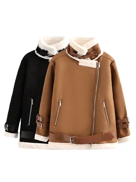 Winter Faux Suede Fur Jacket For Woman Zipper Long Sleeve Collar Thicken Coat