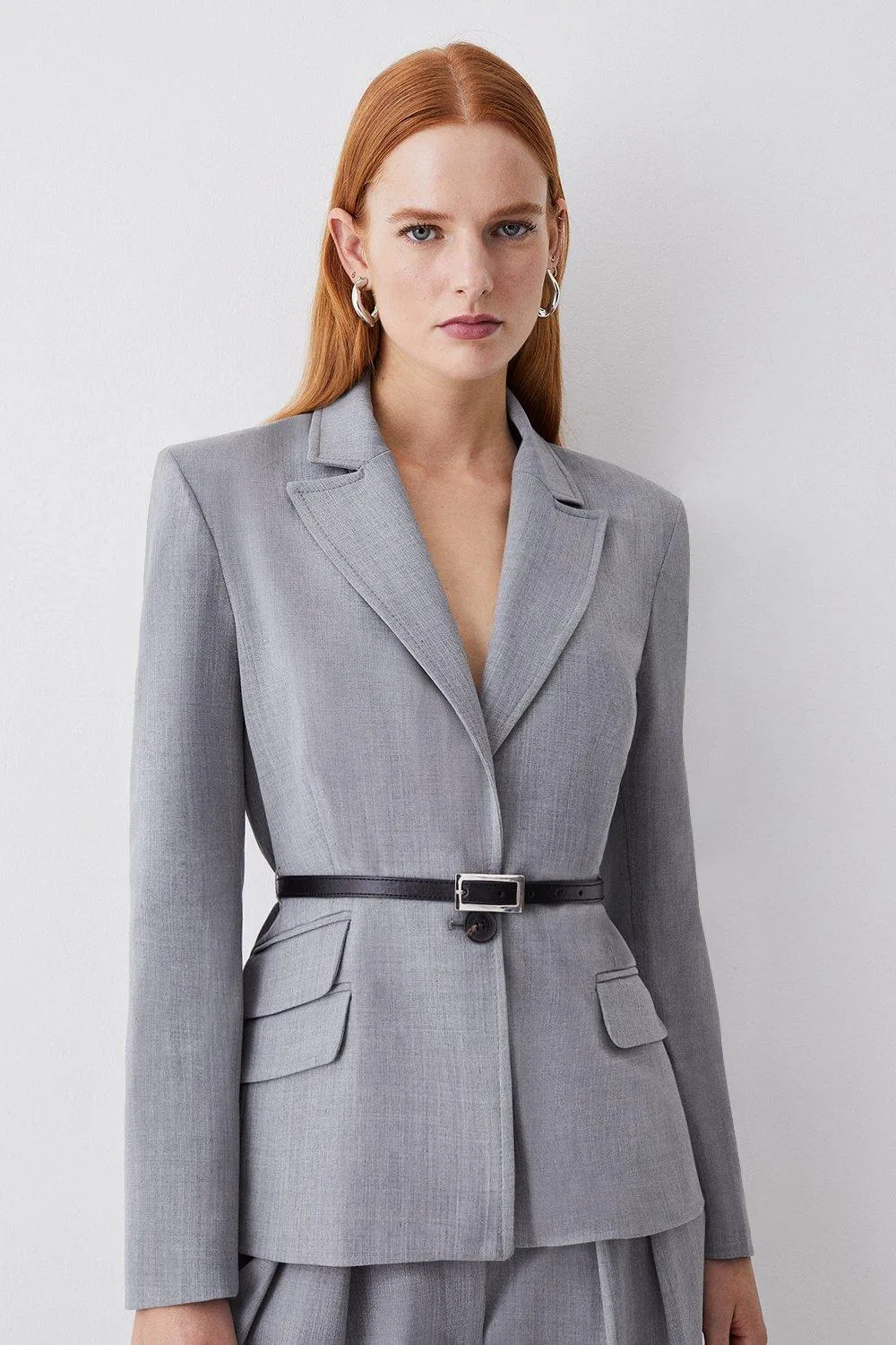 Wool Blend Strong Shoulder Tailored Belted Jacket | Karen Millen