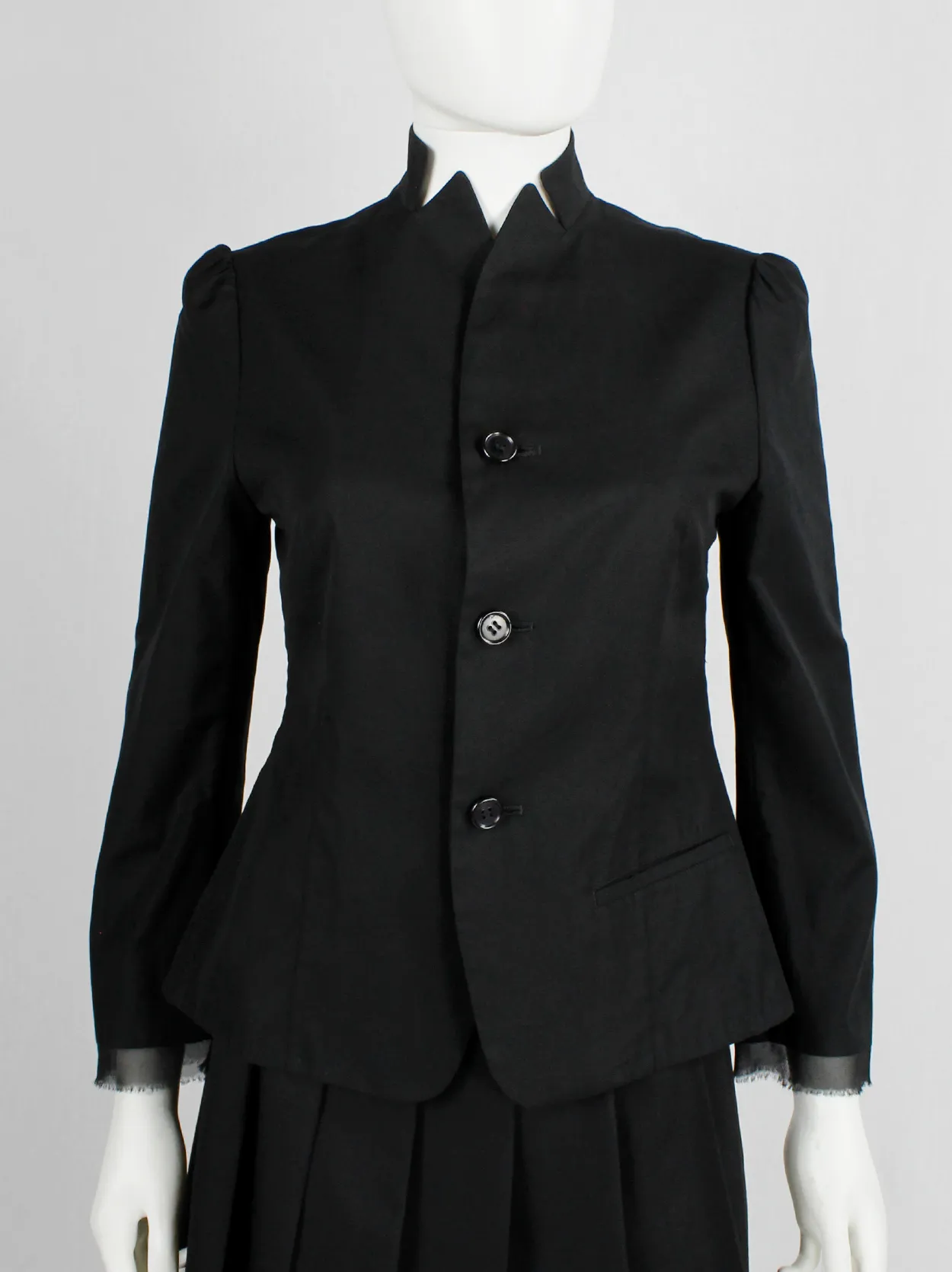 Yohji Yamamoto Noir black tailored blazer with frayed silk trim at the sleeves