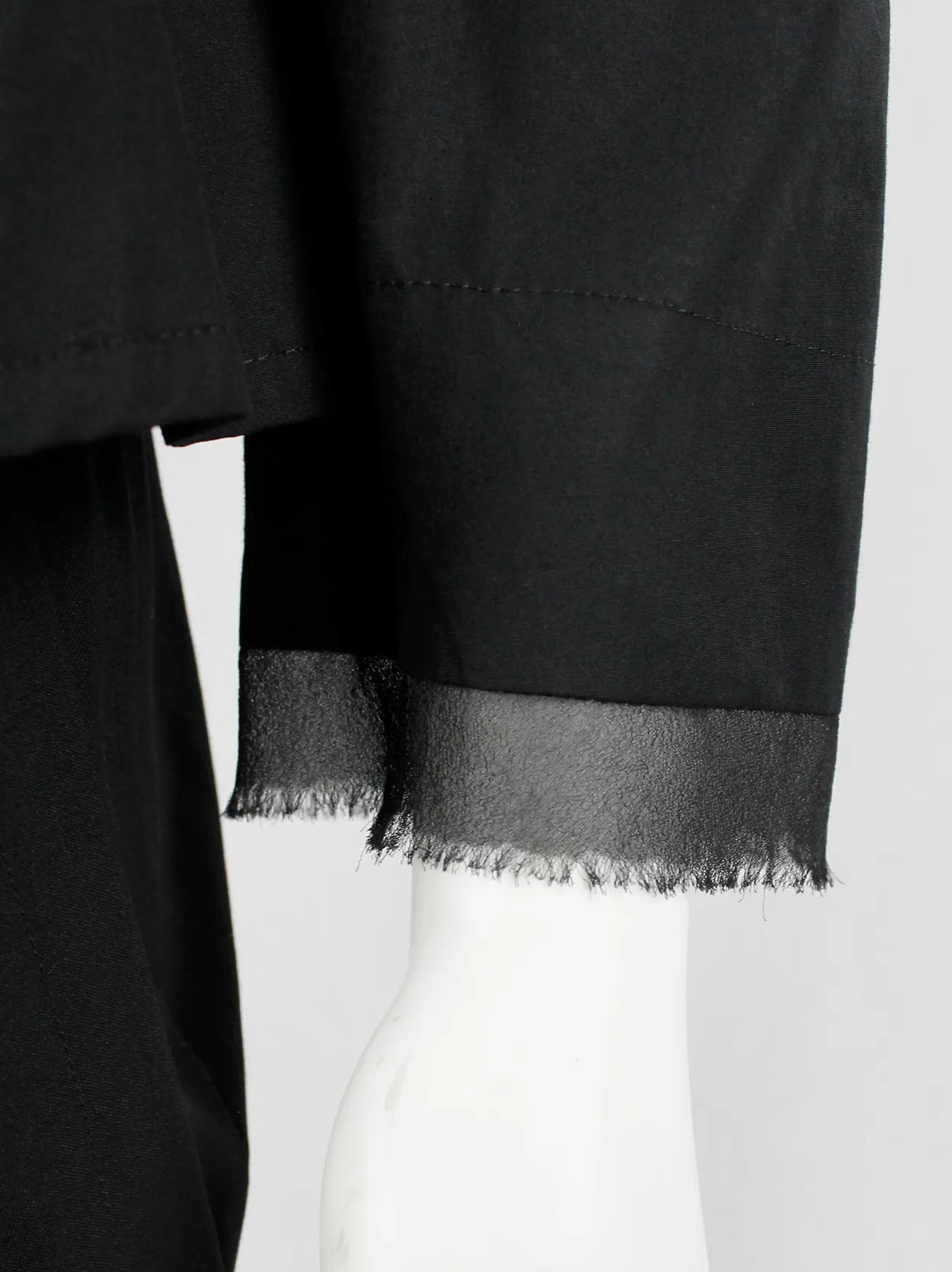 Yohji Yamamoto Noir black tailored blazer with frayed silk trim at the sleeves