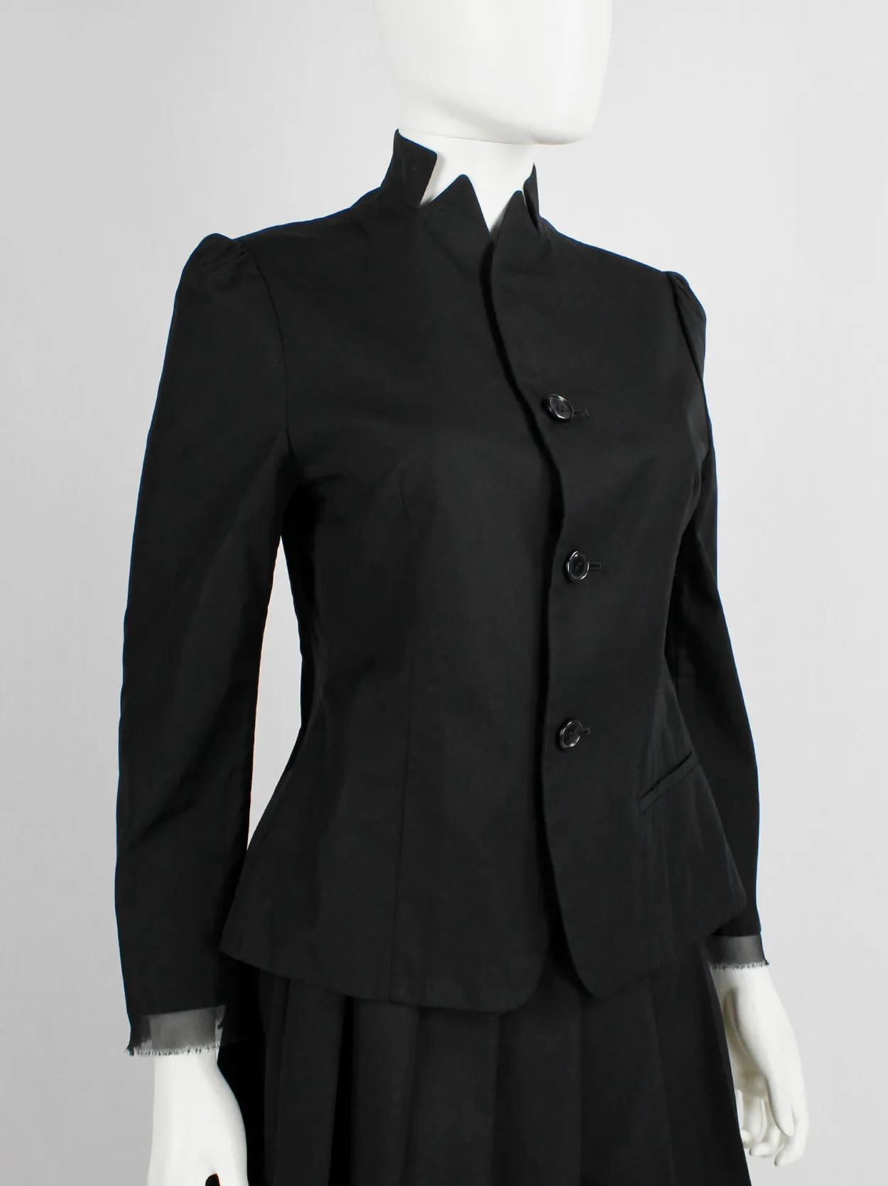 Yohji Yamamoto Noir black tailored blazer with frayed silk trim at the sleeves