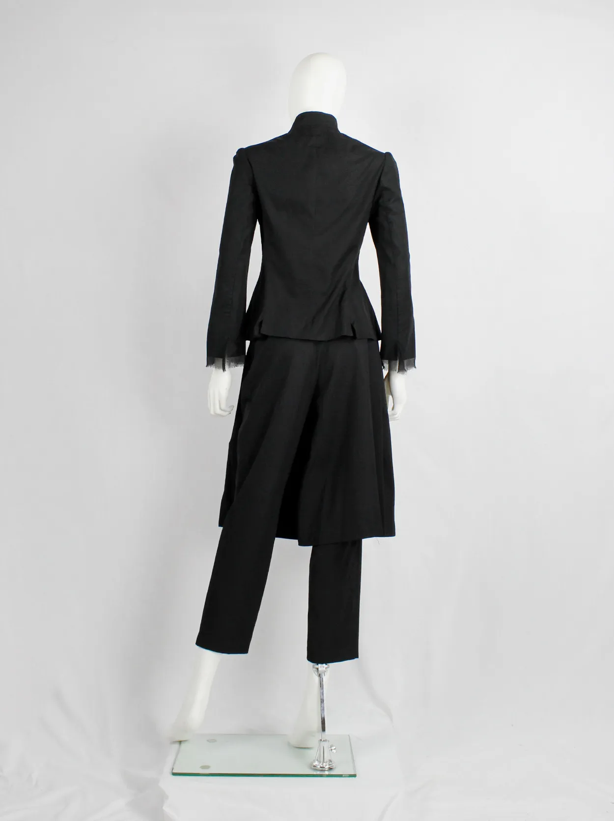 Yohji Yamamoto Noir black tailored blazer with frayed silk trim at the sleeves