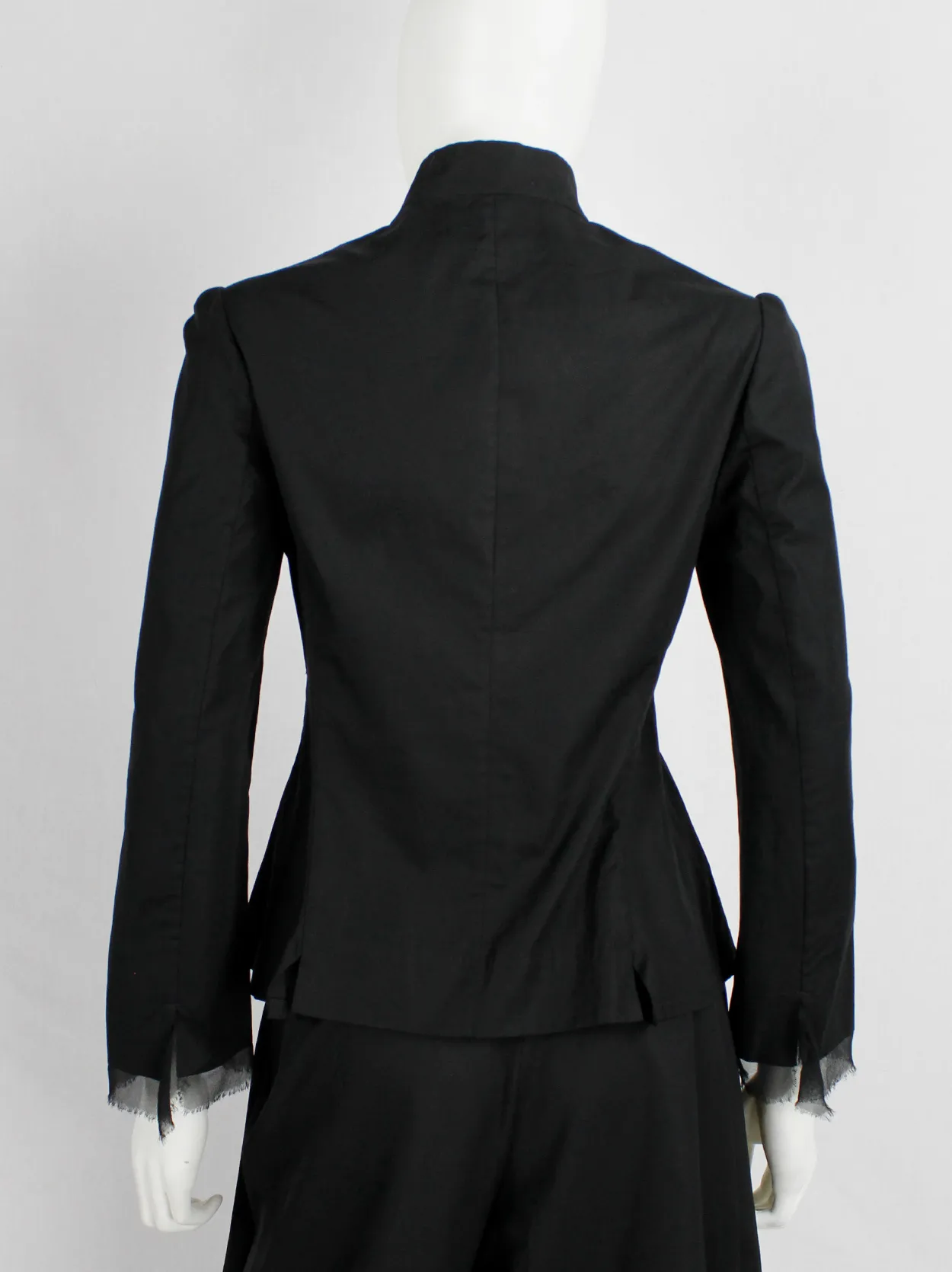 Yohji Yamamoto Noir black tailored blazer with frayed silk trim at the sleeves